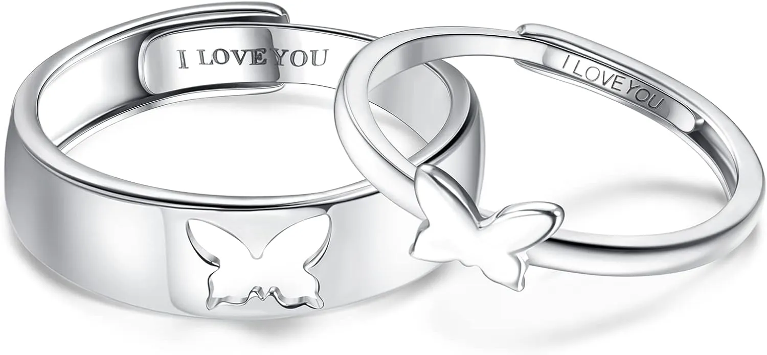 MILACOLATO Matching Rings for Couples 925 Sterling Silver Matching Heart Promise Rings I Love You Engagement Wedding Ring Sets for Him and Her Adjustable Butterfly Matching Rings Valentines Day Gifts