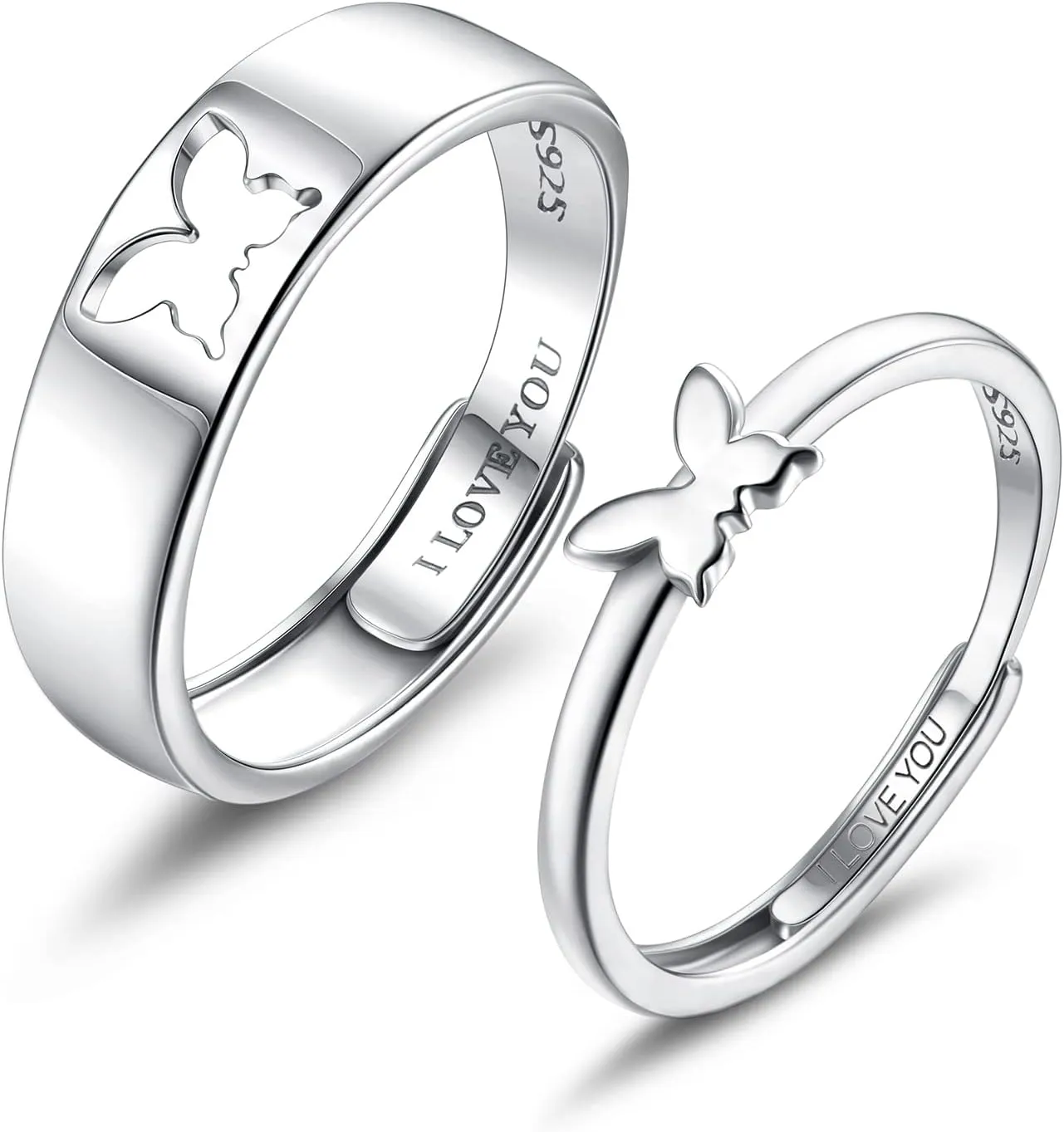 MILACOLATO Matching Rings for Couples 925 Sterling Silver Matching Heart Promise Rings I Love You Engagement Wedding Ring Sets for Him and Her Adjustable Butterfly Matching Rings Valentines Day Gifts