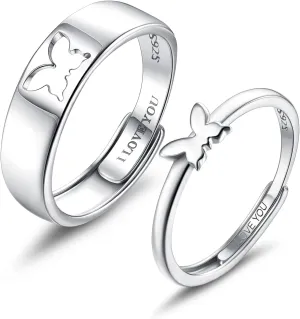 MILACOLATO Matching Rings for Couples 925 Sterling Silver Matching Heart Promise Rings I Love You Engagement Wedding Ring Sets for Him and Her Adjustable Butterfly Matching Rings Valentines Day Gifts
