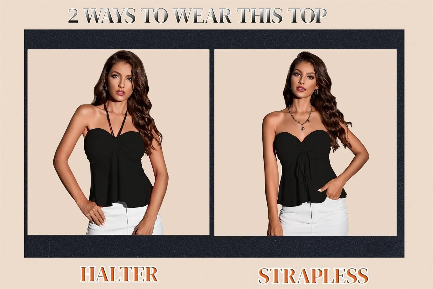 Milumia Women Tie Front Ruched Tube Top Strapless Flared Hem Peplum Bandeau Tops