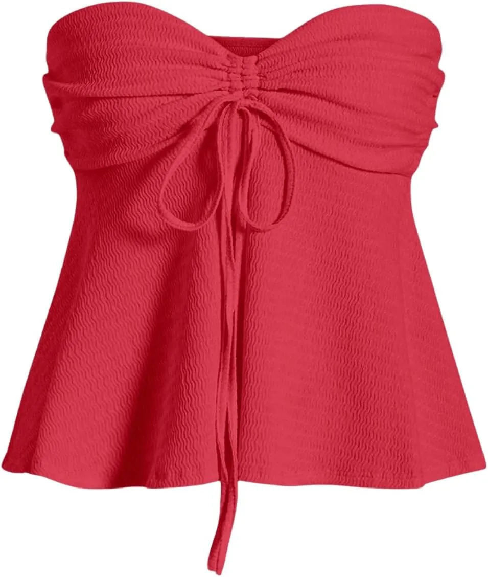 Milumia Women Tie Front Ruched Tube Top Strapless Flared Hem Peplum Bandeau Tops