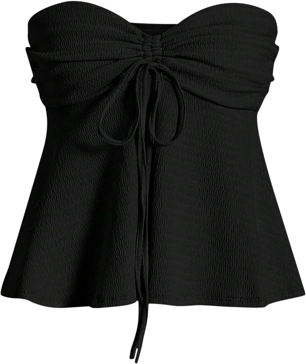 Milumia Women Tie Front Ruched Tube Top Strapless Flared Hem Peplum Bandeau Tops