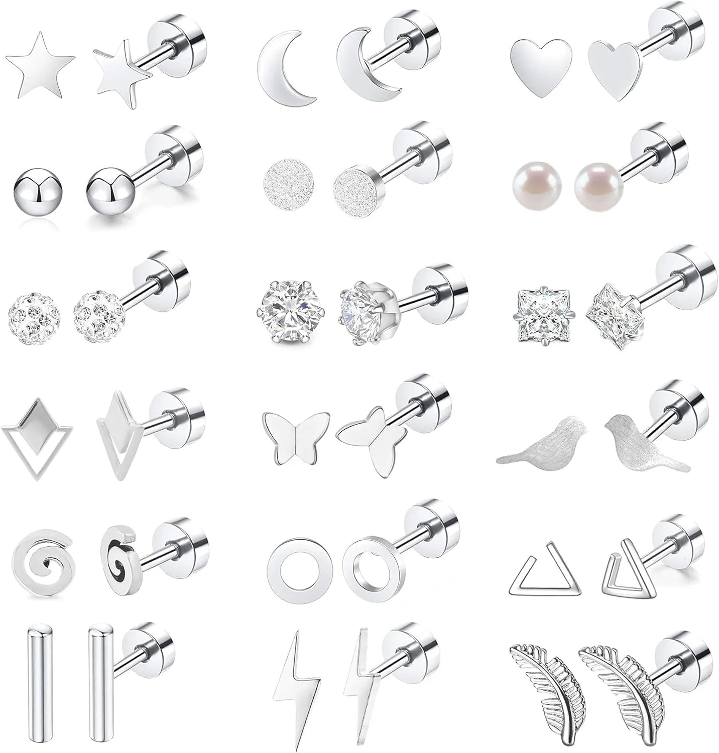 MJust 18 Pairs Womens Hypoallergenic Flat Back Stud Earrings, 20g Stainless Steel Earrings Sets for Men, Tiny Unisex Screw Back Cartilage Earrings.