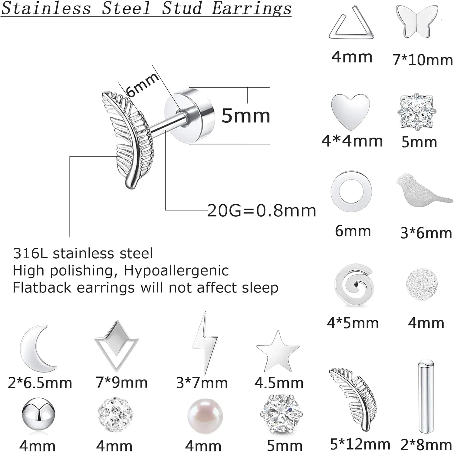 MJust 18 Pairs Womens Hypoallergenic Flat Back Stud Earrings, 20g Stainless Steel Earrings Sets for Men, Tiny Unisex Screw Back Cartilage Earrings.