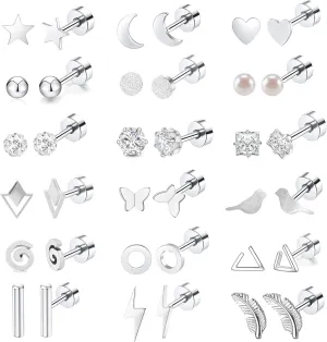 MJust 18 Pairs Womens Hypoallergenic Flat Back Stud Earrings, 20g Stainless Steel Earrings Sets for Men, Tiny Unisex Screw Back Cartilage Earrings.