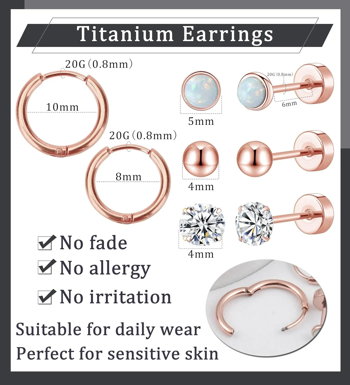 MJust 5 Pairs G23 Titanium Flat Back Earrings for Women & Men with Sensitive Ears  Hypoallergenic 20G Studs & Hoops with CZ, Opal, Pearl Designs for Cartilage