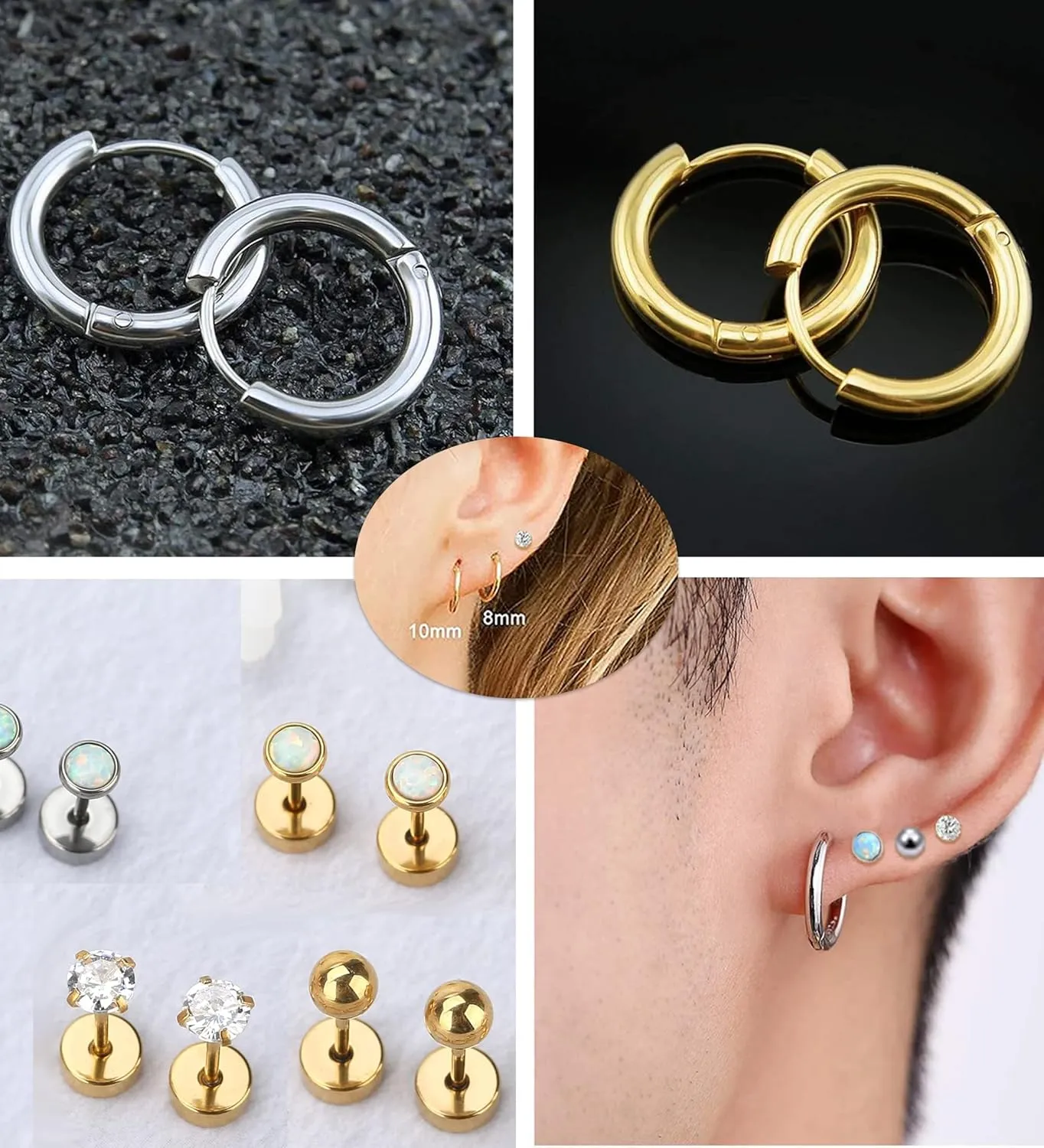 MJust 5 Pairs G23 Titanium Flat Back Earrings for Women & Men with Sensitive Ears  Hypoallergenic 20G Studs & Hoops with CZ, Opal, Pearl Designs for Cartilage