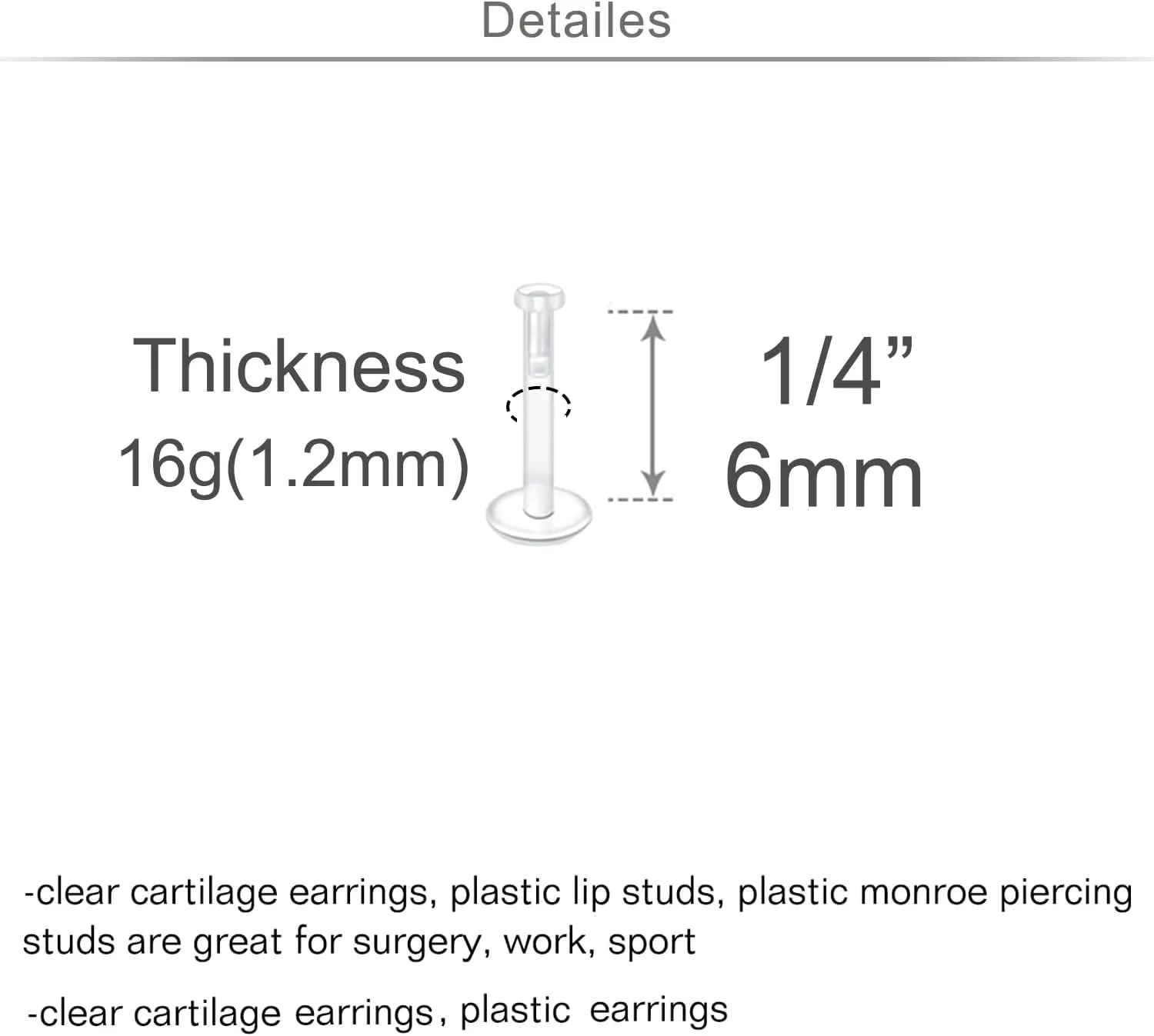 MODRSA Clear Earrings Plastic Earrings for Sports 16g Clear Cartilage Earrings Stud Plastic Helix Tragus Earring Medusa Monroe Piercing Retainer Clear Lip Rings Labret Retainers for Work Surgery