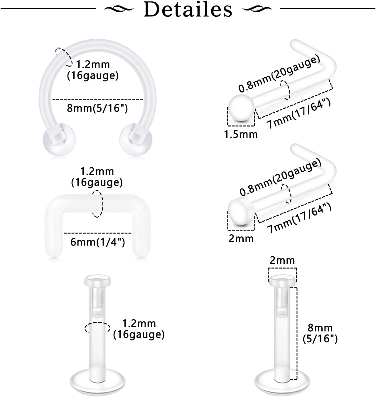 MODRSA Clear Nose Rings & Studs - Plastic Nose Piercing Retainers - 16g, 18g, 20g - Clear Cartilage Earrings & Lip Piercing Retainer
