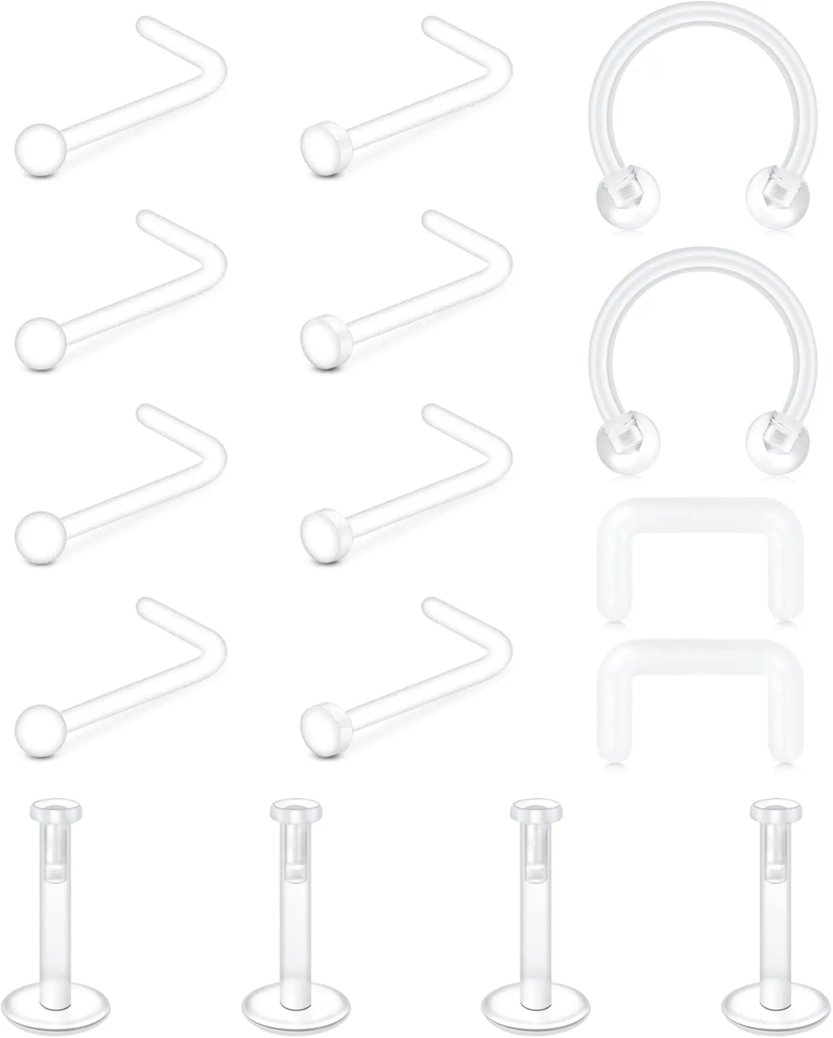 MODRSA Clear Nose Rings & Studs - Plastic Nose Piercing Retainers - 16g, 18g, 20g - Clear Cartilage Earrings & Lip Piercing Retainer