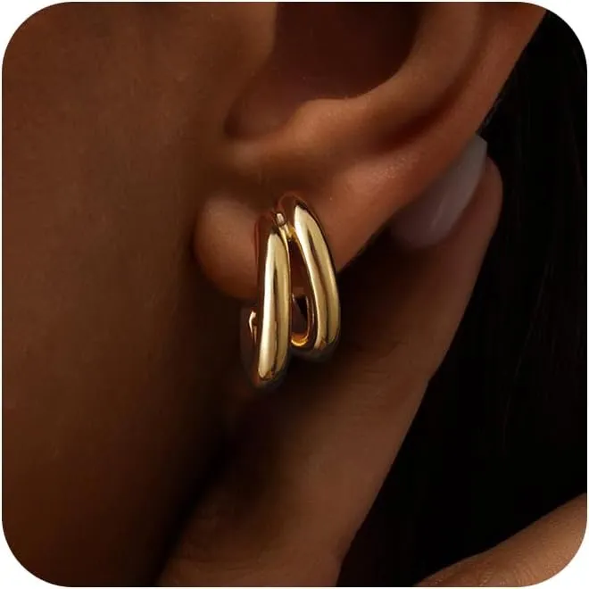 Moodear Trendy Chunky Hoop Earrings for Women - Dainty 14K Gold Plated Thinck Open Hoops Hypoallergenic Lightweight Earring Jewelry Gift