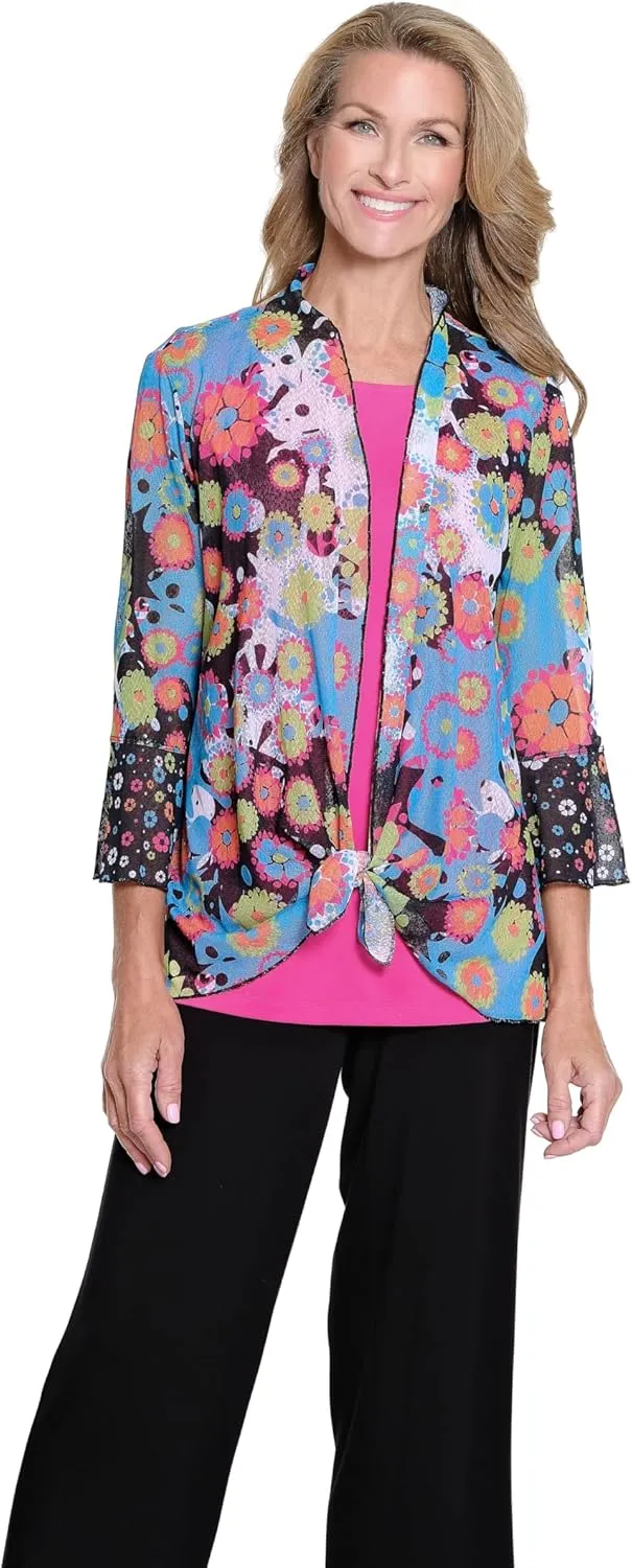 MULTIPLES Women's 3/4 Flounce Sleeve Shawl Collar Tie Front Jacket