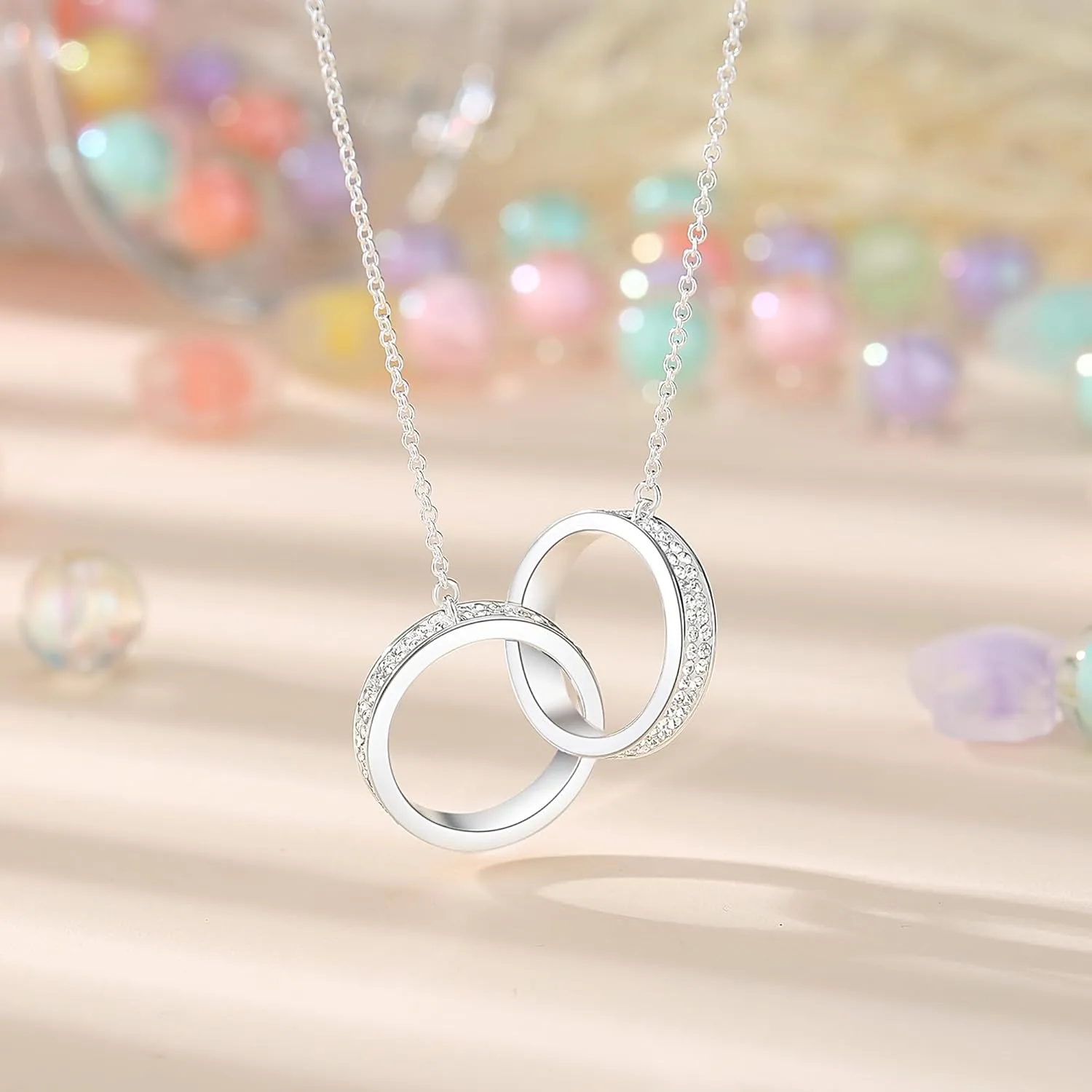 MUYUU Double Ring Necklace, Silver Plated Red White and Blue Necklace, Sparkly Crystal Necklace For Women Patriotic Jewelry