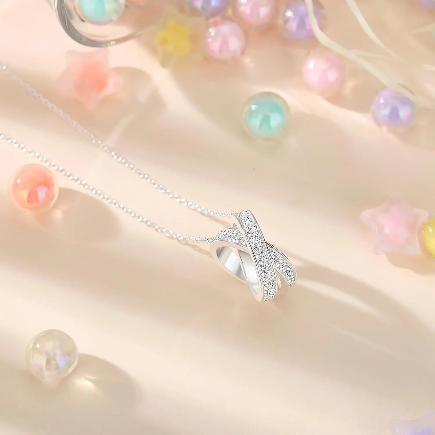 MUYUU Double Ring Necklace, Silver Plated Red White and Blue Necklace, Sparkly Crystal Necklace For Women Patriotic Jewelry