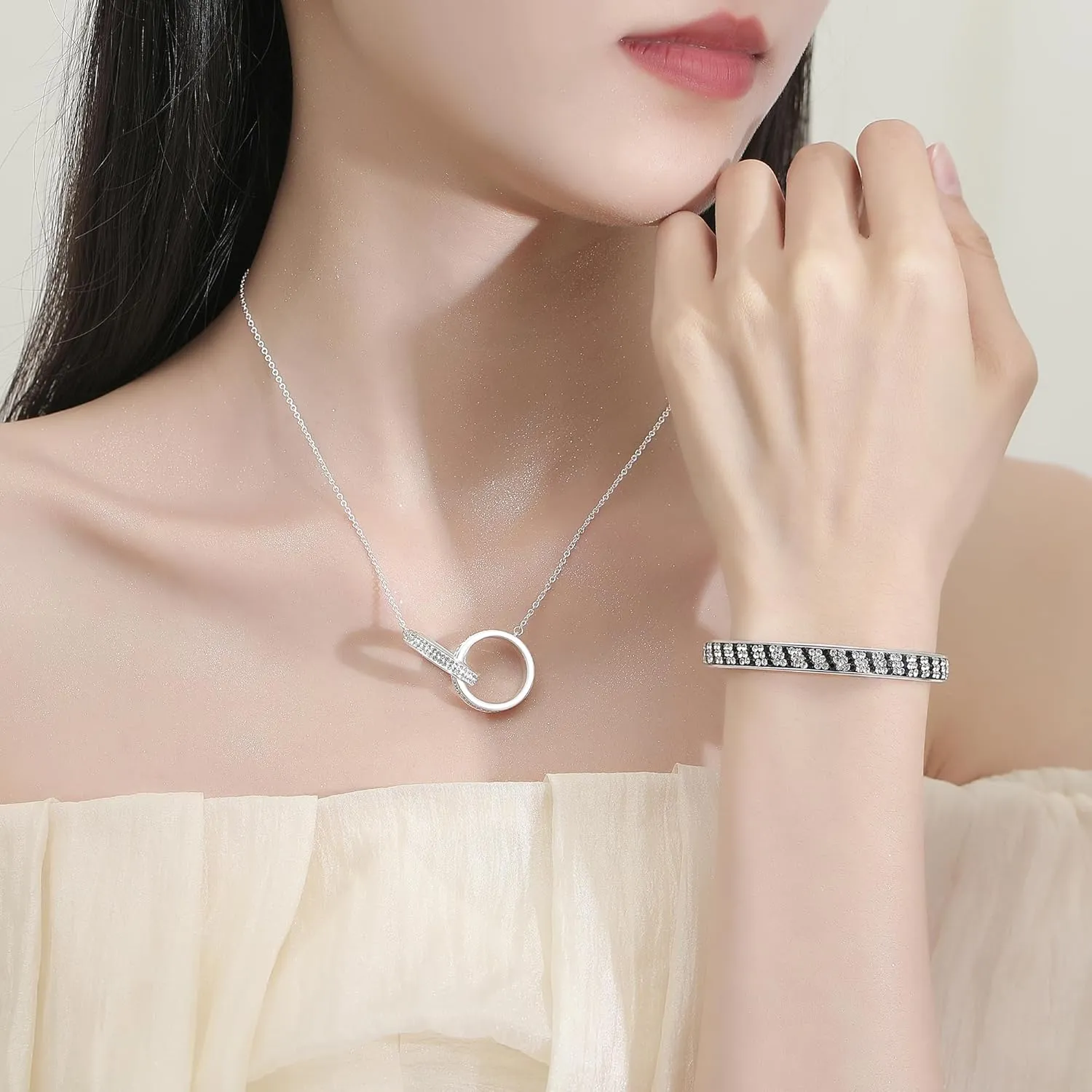 MUYUU Double Ring Necklace, Silver Plated Red White and Blue Necklace, Sparkly Crystal Necklace For Women Patriotic Jewelry