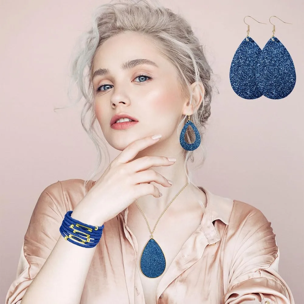 MystiCharm 4 Pieces Women's Glitter Jewelry Set Faux Leather Earrings Necklace Bracelet Christmas Accessories Decoration