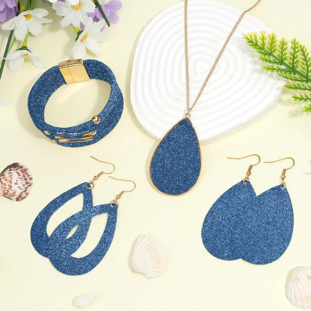MystiCharm 4 Pieces Women's Glitter Jewelry Set Faux Leather Earrings Necklace Bracelet Christmas Accessories Decoration