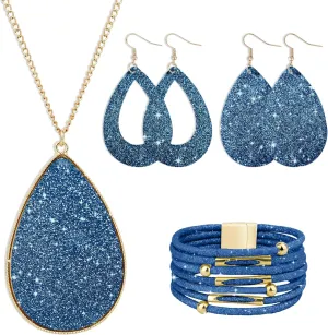 MystiCharm 4 Pieces Women's Glitter Jewelry Set Faux Leather Earrings Necklace Bracelet Christmas Accessories Decoration