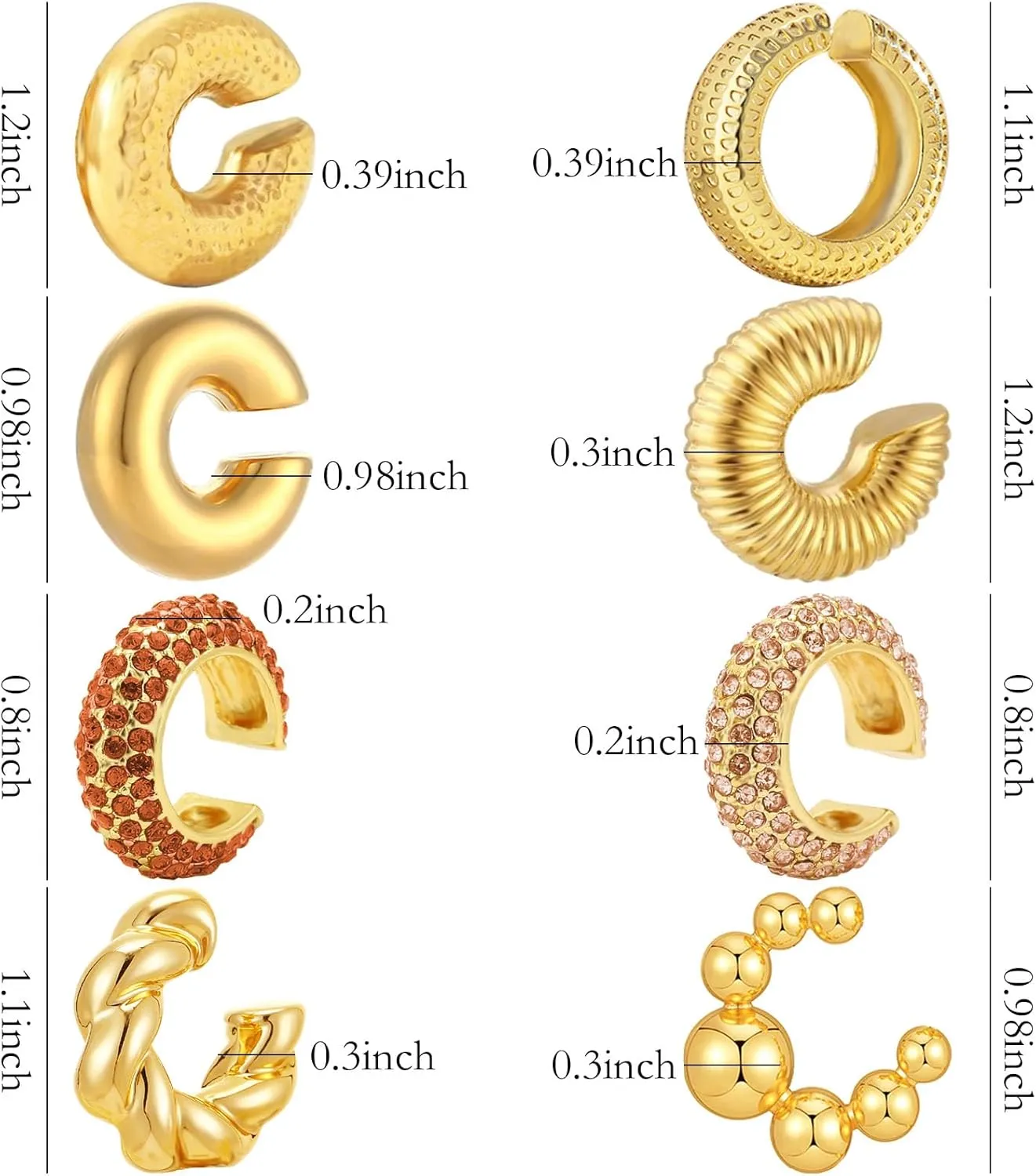 NEWITIN 8 Pairs Chunky Gold Ear Cuff Earrings for Women Trendy Thick Ear Cuffs Non Piercing Clip On Earrings Large Cuff Earring Cartilage Clip for Women