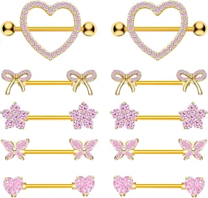 Nipple Rings - Surgical Stainless Steel Gold Silver Pink Blue Purple CZ Heart Butterfly Flower Bow Jewelry - 14 Gauge Nipple Bars and Barbells