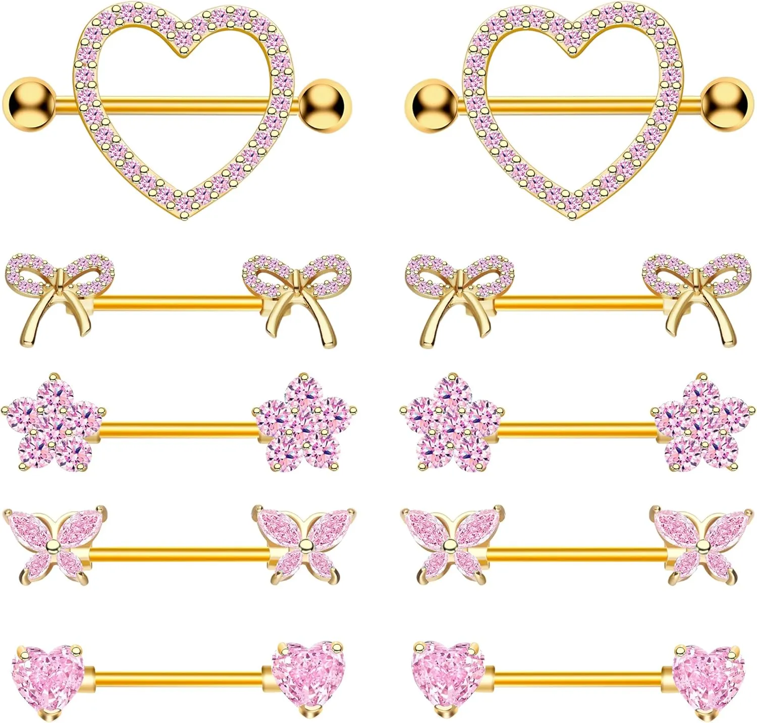 Nipple Rings - Surgical Stainless Steel Gold Silver Pink Blue Purple CZ Heart Butterfly Flower Bow Jewelry - 14 Gauge Nipple Bars and Barbells