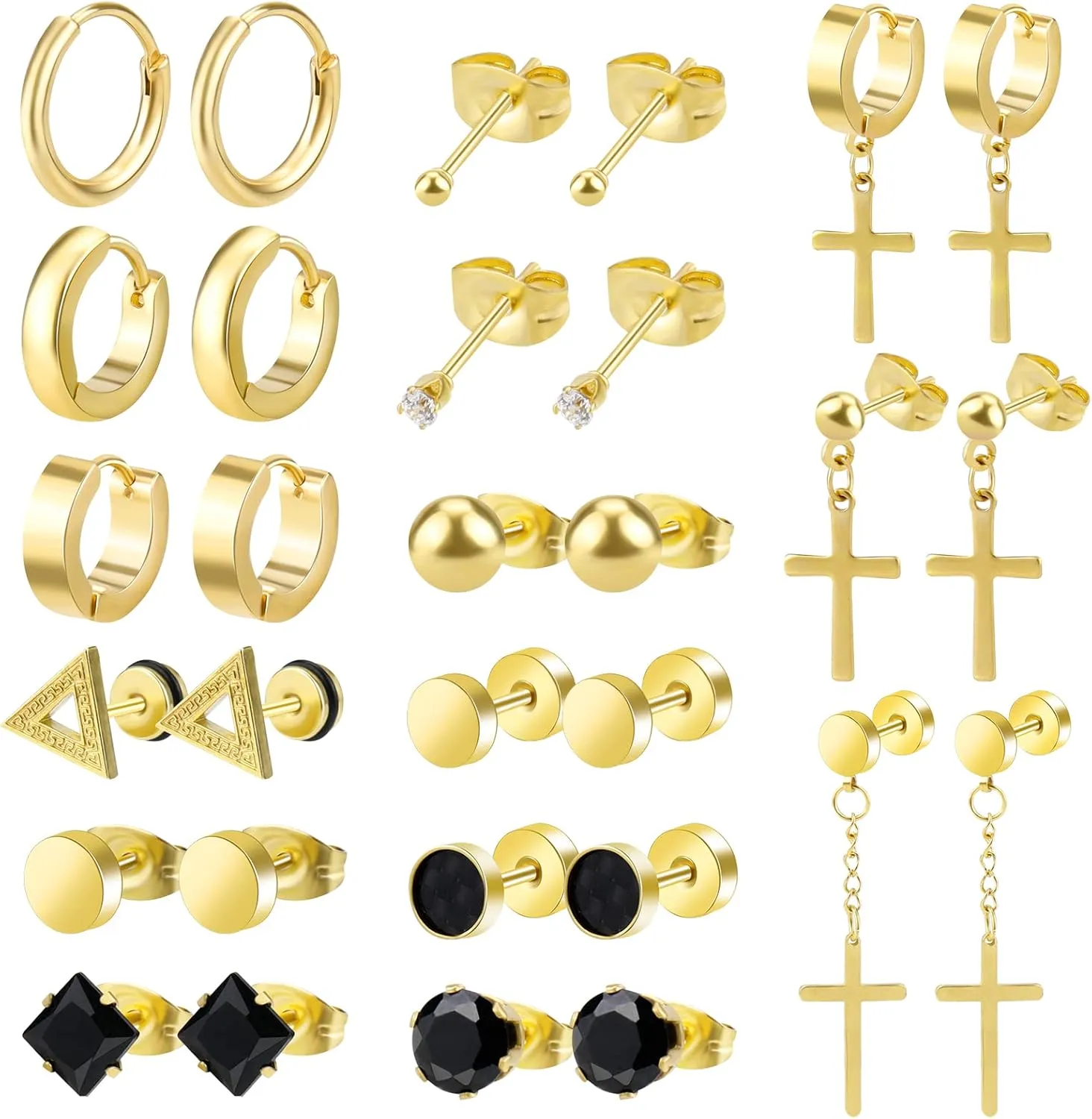 ONESING 15 Pairs Earrings for Men Black Stud Earrings Mens Earrings Stainless Steel Earrings for Men Women Jewelry Piercing Men Earrings Set