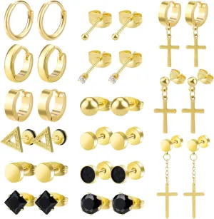 ONESING 15 Pairs Earrings for Men Black Stud Earrings Mens Earrings Stainless Steel Earrings for Men Women Jewelry Piercing Men Earrings Set