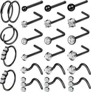 ONESING 23-40 Pcs Gold Nose Rings & Studs - 18G & 20G Nose Piercing Jewelry - L Shape, Hoop & Screw Body Jewelry for Women & Men