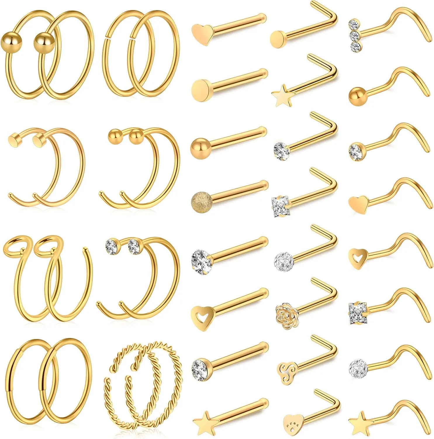 ONESING 35-70 PCS 18G 20G Nose Rings for Women & Men - Gold Hoops, L Shape, Studs & Screw - 316L Surgical Stainless Steel