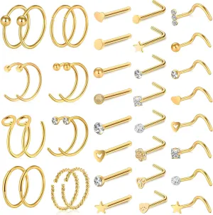 ONESING 35-70 PCS 18G 20G Nose Rings for Women & Men - Gold Hoops, L Shape, Studs & Screw - 316L Surgical Stainless Steel