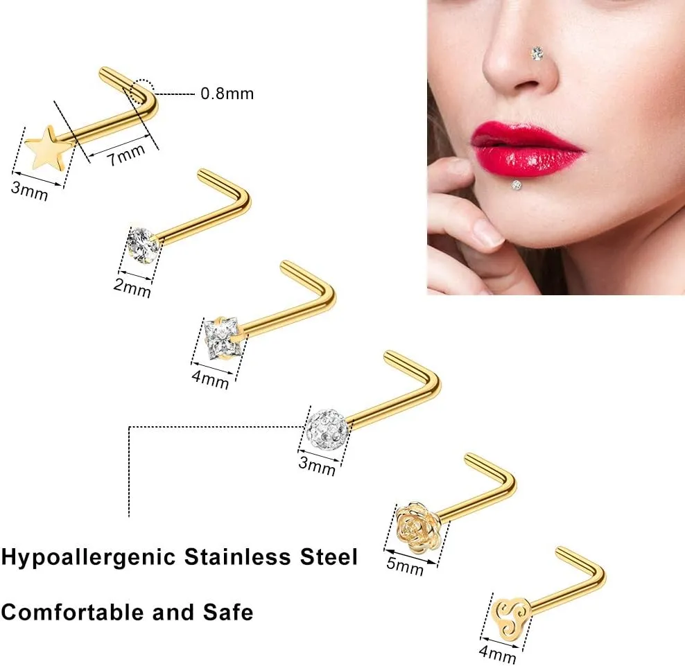 ONESING 35-70 PCS 18G 20G Nose Rings for Women & Men - Gold Hoops, L Shape, Studs & Screw - 316L Surgical Stainless Steel