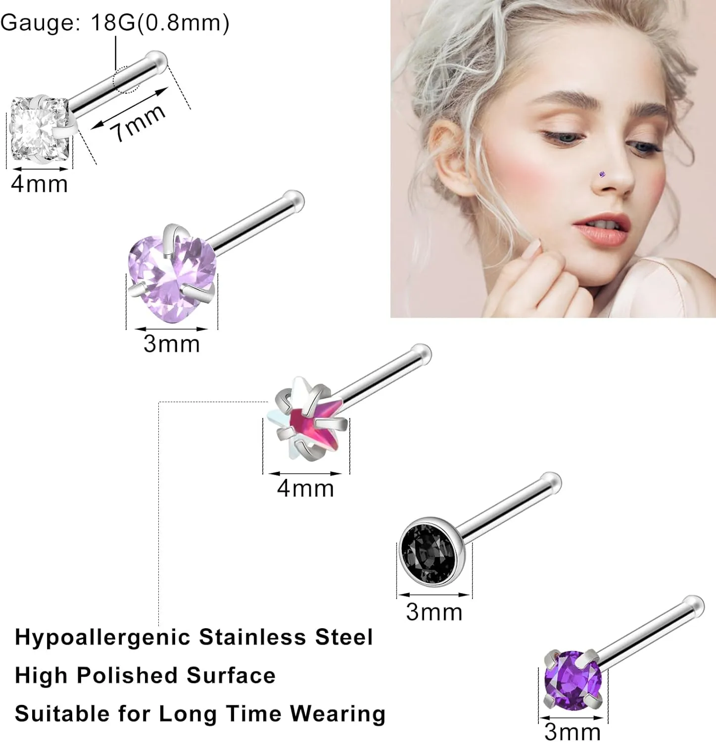 ONESING 36-44 Pcs 18G 20G Nose Rings Studs Nose Rings for Women Nose Piercings Jewelry Surgical Stainless Steel Nose Studs Moon Star Heart Butterfly Hypoallergenic Body Piercing Jewelry for Women Men