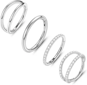 ONESING 4PCS 316L Surgical Steel Double Hoop Nose Rings Hypoallergenic Earring Hoops for CZ Cartilage Helix Rook Tragus Body Piercing Jewelry Stainless Steel Nose Rings Hoops for Women