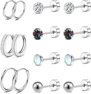 ONESING 7 Pairs Flat Back Earrings for Women Men Hypoallergenic Stainless Steel Flatback Stud Earring Set Silver Cartilage Earrings Hoop Daith Conch Tragus Helix Piercing Earring Stacks for Multiple Piercing