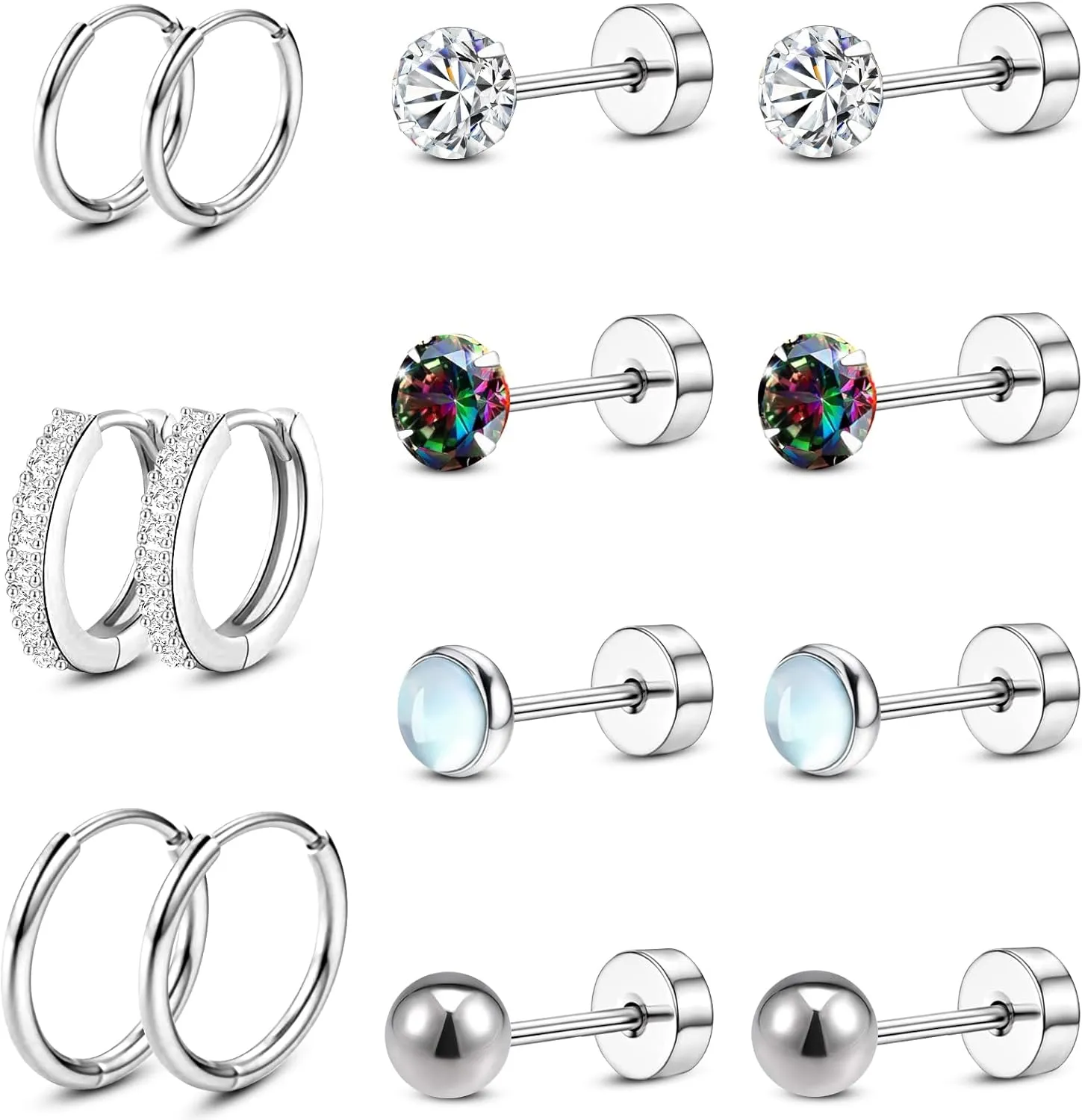 ONESING 7 Pairs Flat Back Earrings for Women Men Hypoallergenic Stainless Steel Flatback Stud Earring Set Silver Cartilage Earrings Hoop Daith Conch Tragus Helix Piercing Earring Stacks for Multiple Piercing