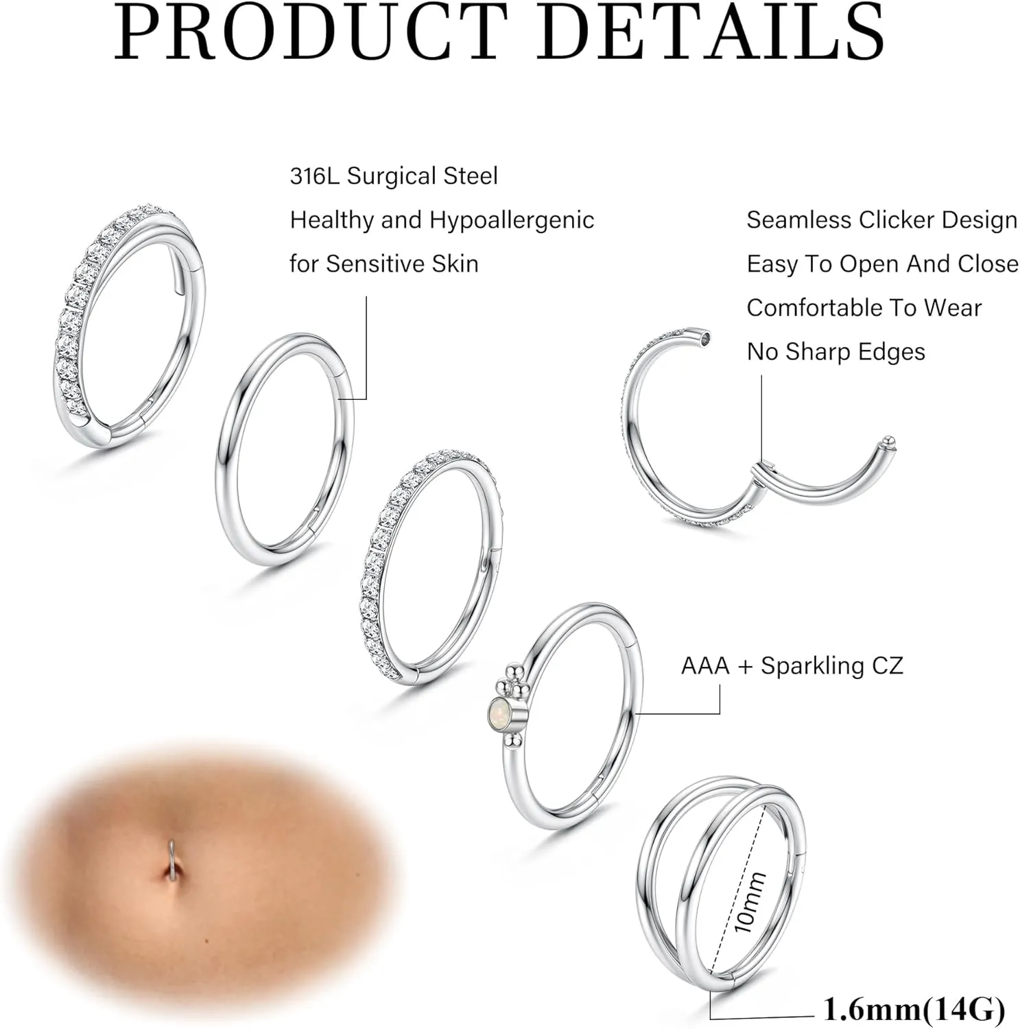 ORAZIO 14G Belly Button Ring Hoop Surgical Steel Belly Button Hoop Rings Hinged Seamless Clicker Belly Ring CZ Paved Belly Piercing Jewelry Gold Silver 10/12mm