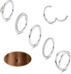 ORAZIO 14G Belly Button Ring Hoop Surgical Steel Belly Button Hoop Rings Hinged Seamless Clicker Belly Ring CZ Paved Belly Piercing Jewelry Gold Silver 10/12mm