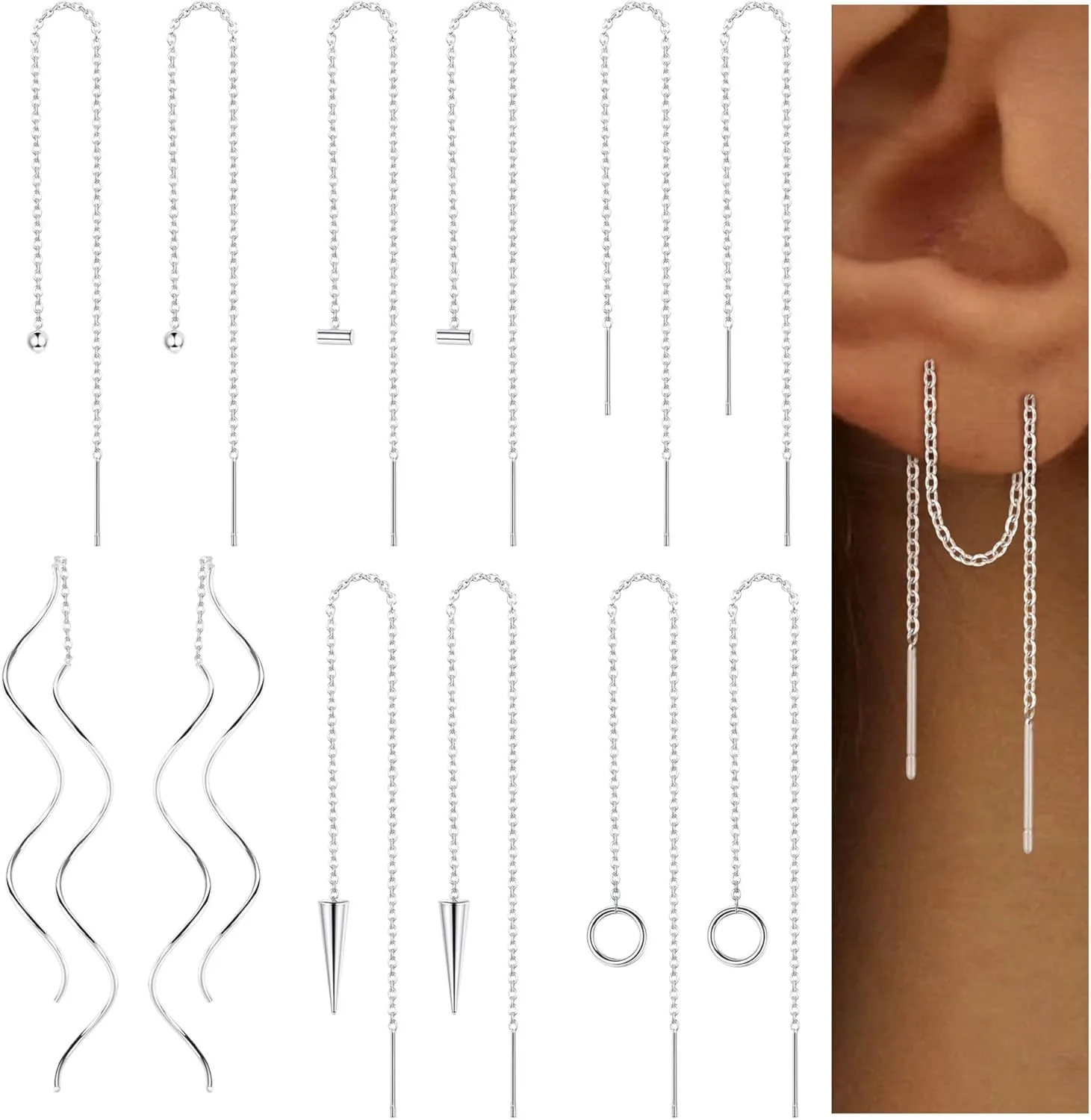 ORAZIO 6 Pairs Stainless Steel Chain Tassel Earrings for Women Lightweight Wave Threader Ball Dangle Drop Minimalist Chain Earrings Set