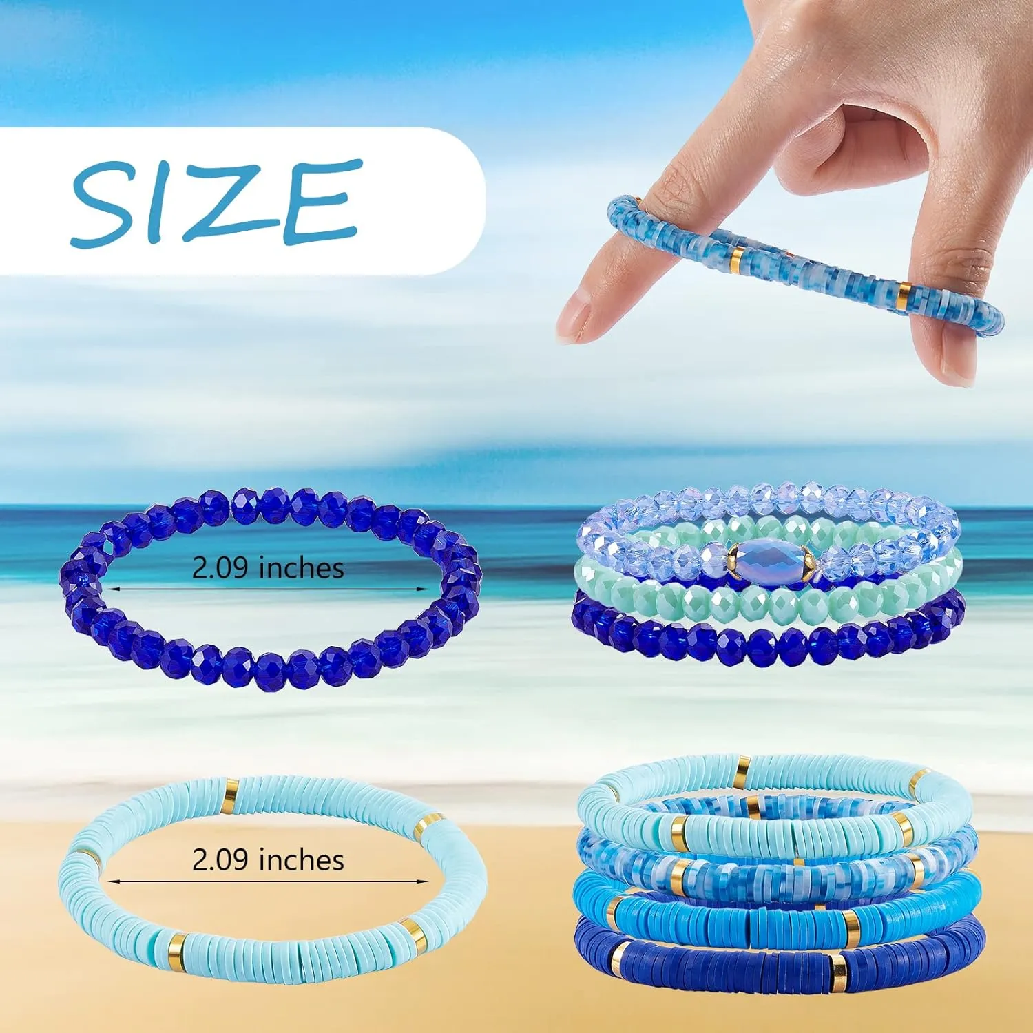 Ornaland 7Pcs Handmade Polymer Clay Heishi Surfer Stretch Bracelets Set Colorful Glass Beads Bracelets Boho Stackable Preppy Bracelets Wrist Jewelry for Women