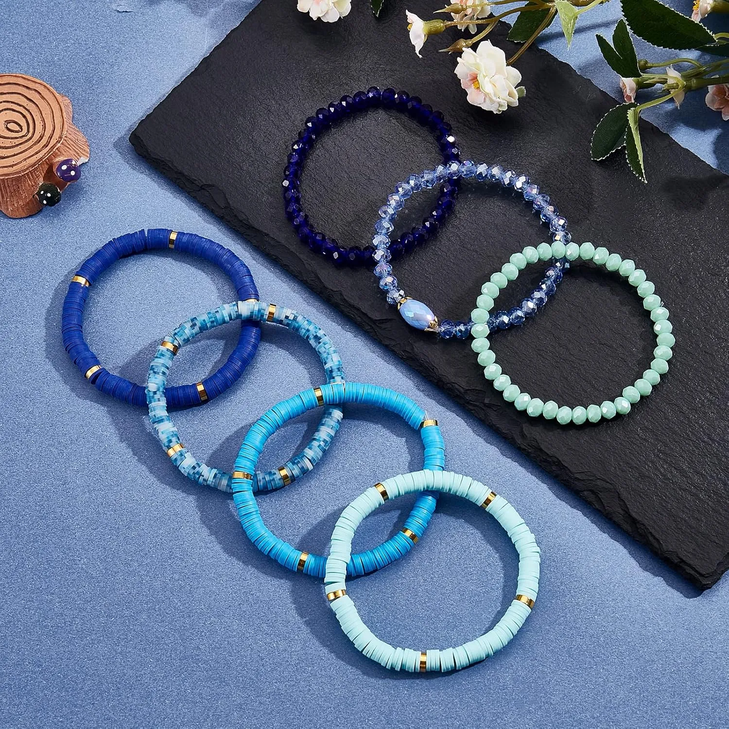 Ornaland 7Pcs Handmade Polymer Clay Heishi Surfer Stretch Bracelets Set Colorful Glass Beads Bracelets Boho Stackable Preppy Bracelets Wrist Jewelry for Women