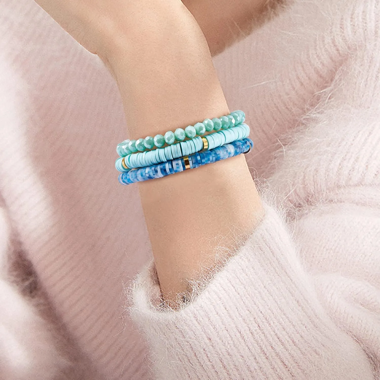 Ornaland 7Pcs Handmade Polymer Clay Heishi Surfer Stretch Bracelets Set Colorful Glass Beads Bracelets Boho Stackable Preppy Bracelets Wrist Jewelry for Women