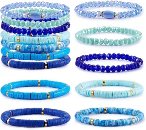 Ornaland 7Pcs Handmade Polymer Clay Heishi Surfer Stretch Bracelets Set Colorful Glass Beads Bracelets Boho Stackable Preppy Bracelets Wrist Jewelry for Women