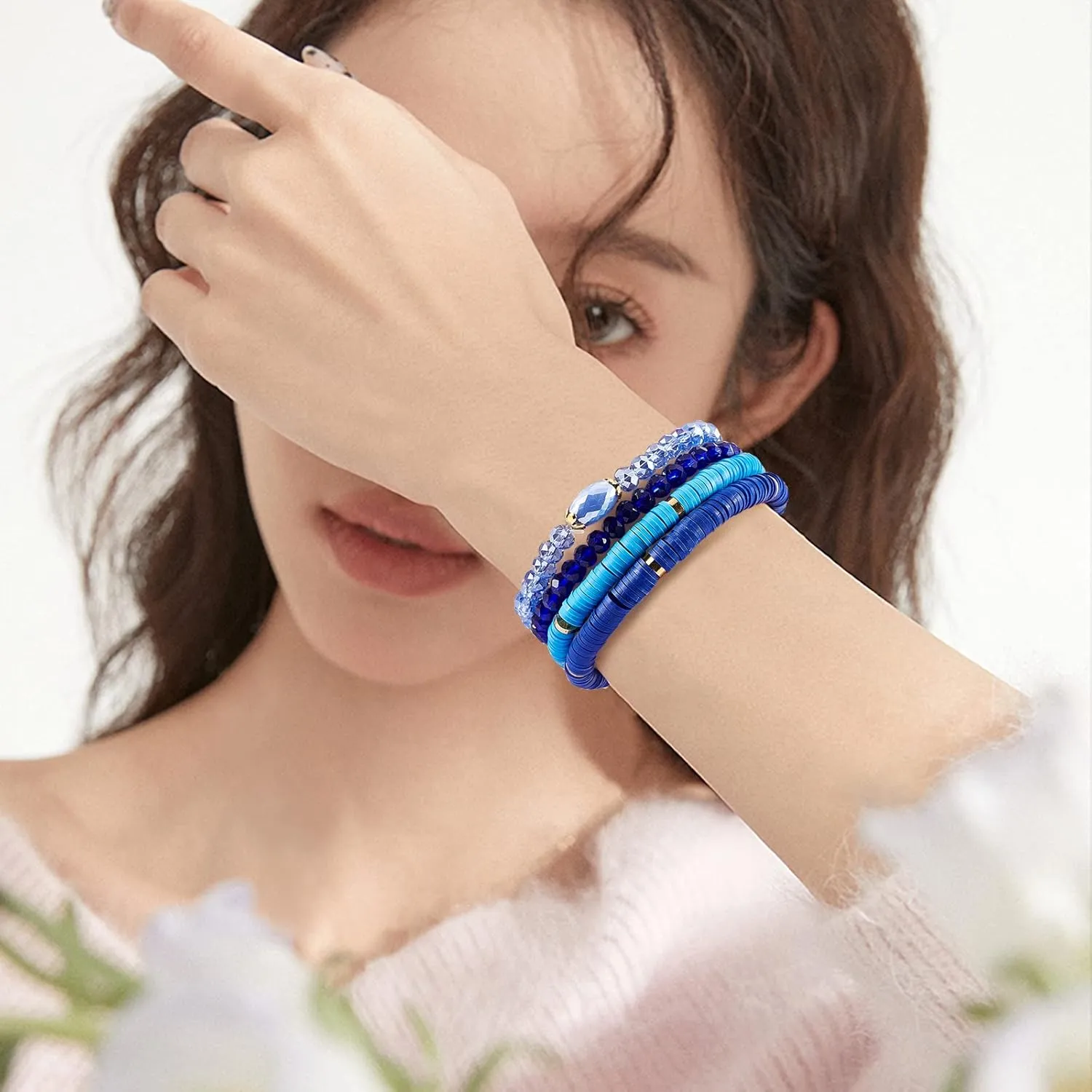 Ornaland 7Pcs Handmade Polymer Clay Heishi Surfer Stretch Bracelets Set Colorful Glass Beads Bracelets Boho Stackable Preppy Bracelets Wrist Jewelry for Women