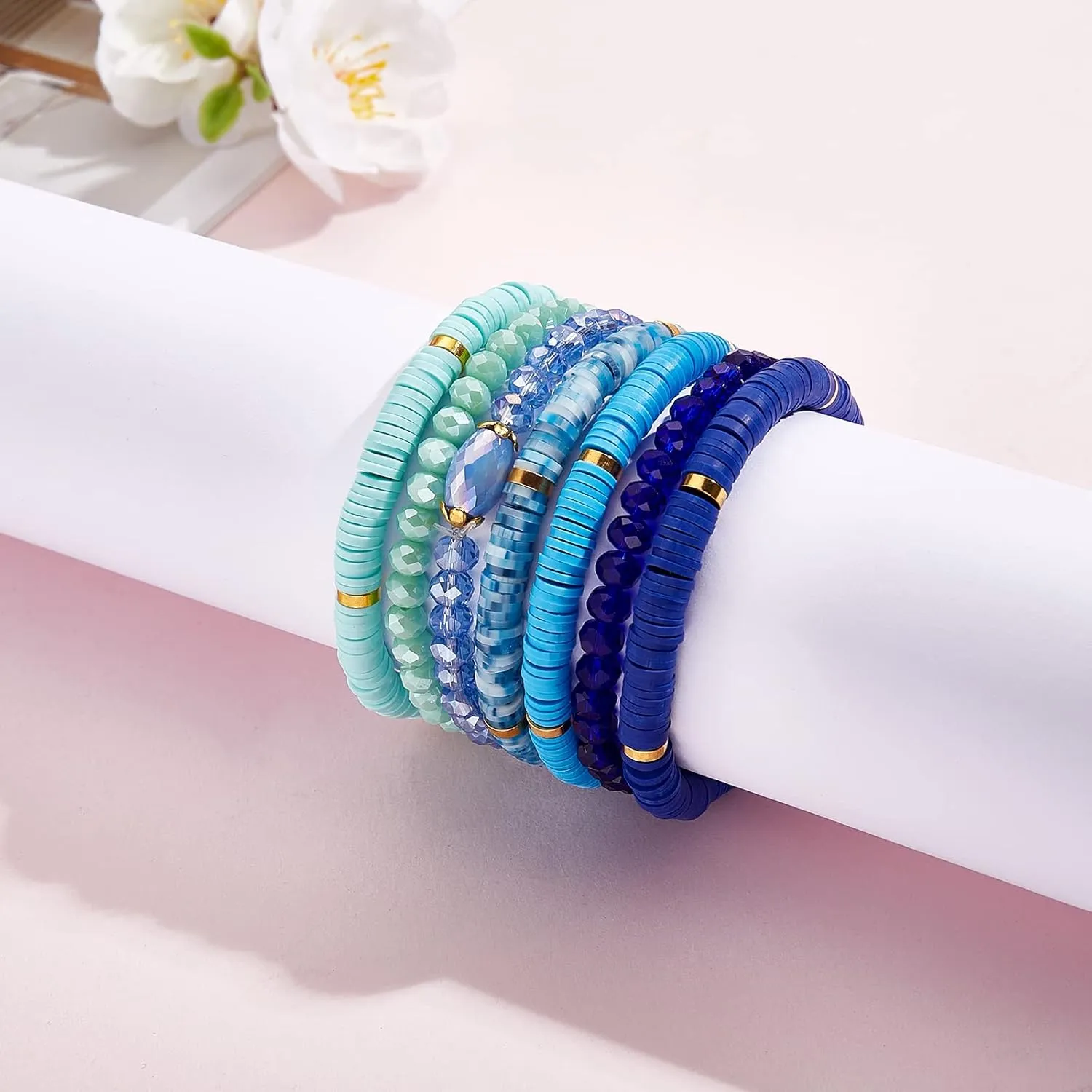 Ornaland 7Pcs Handmade Polymer Clay Heishi Surfer Stretch Bracelets Set Colorful Glass Beads Bracelets Boho Stackable Preppy Bracelets Wrist Jewelry for Women