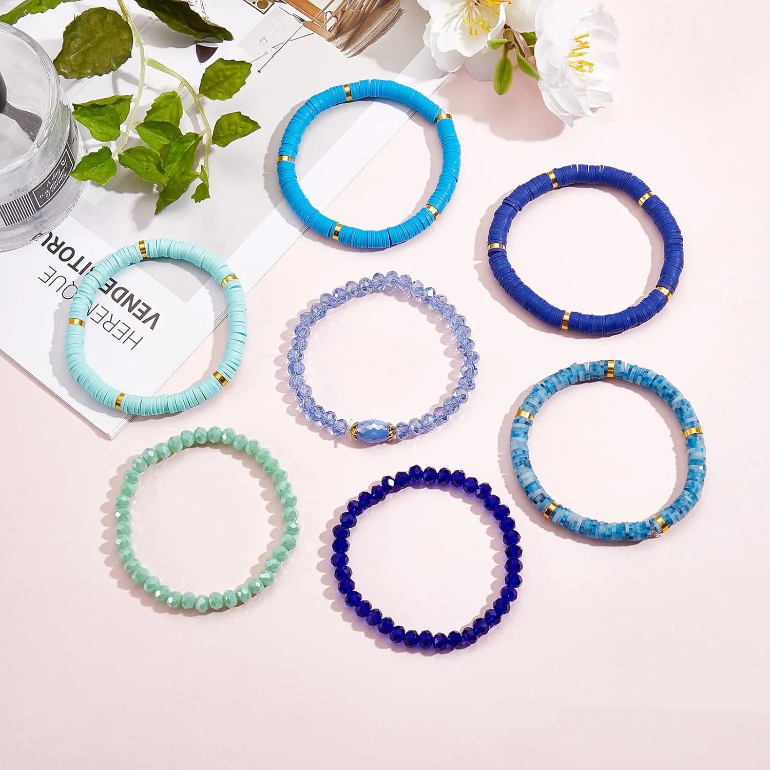 Ornaland 7Pcs Handmade Polymer Clay Heishi Surfer Stretch Bracelets Set Colorful Glass Beads Bracelets Boho Stackable Preppy Bracelets Wrist Jewelry for Women