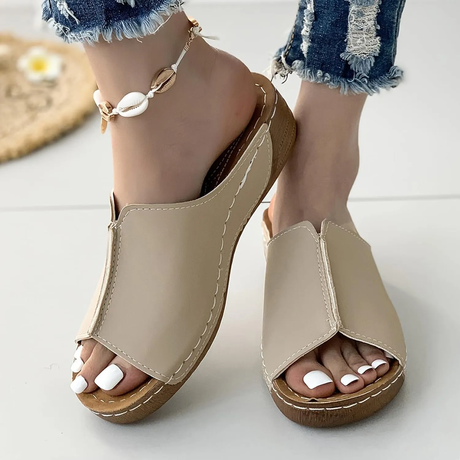 Orthopedic Sandals 2024 New Summer Dressy Leather Orthopedic Wedge Sandals Comfortable Platform Arch Support Slip Sandals
