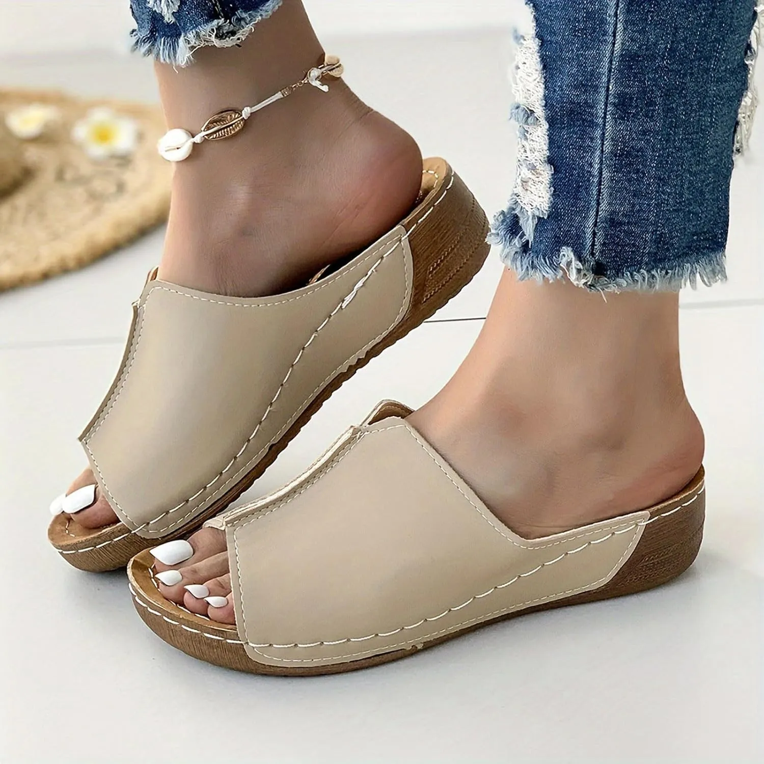 Orthopedic Sandals 2024 New Summer Dressy Leather Orthopedic Wedge Sandals Comfortable Platform Arch Support Slip Sandals