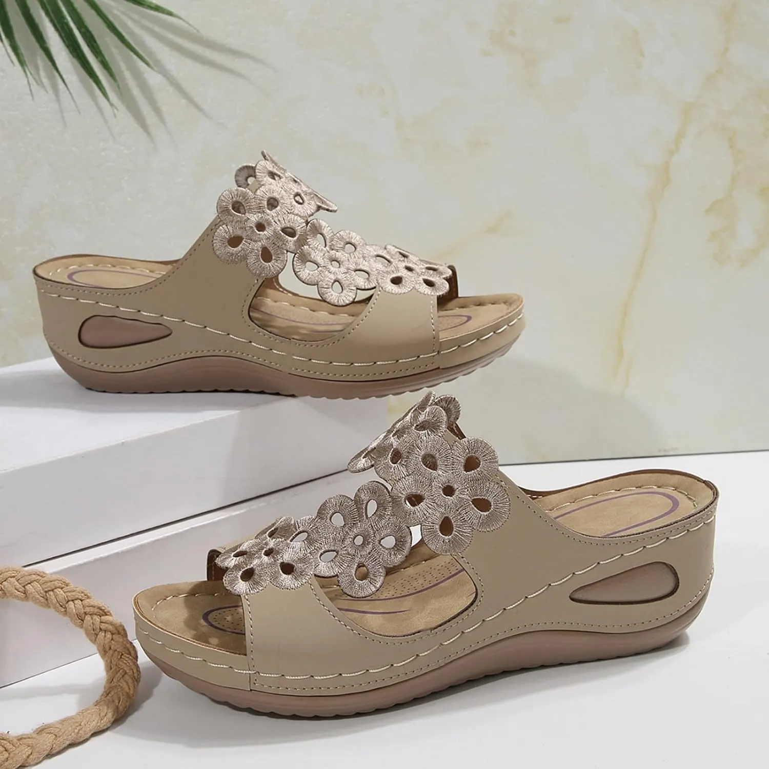 Orthopedic Sandals for Women Comfortable Low Wedge Slides Sandals Fish Mouth Hollow Out Flower Slippers Fashion Casual Slip On Summer Shoes Indoor Outdoor