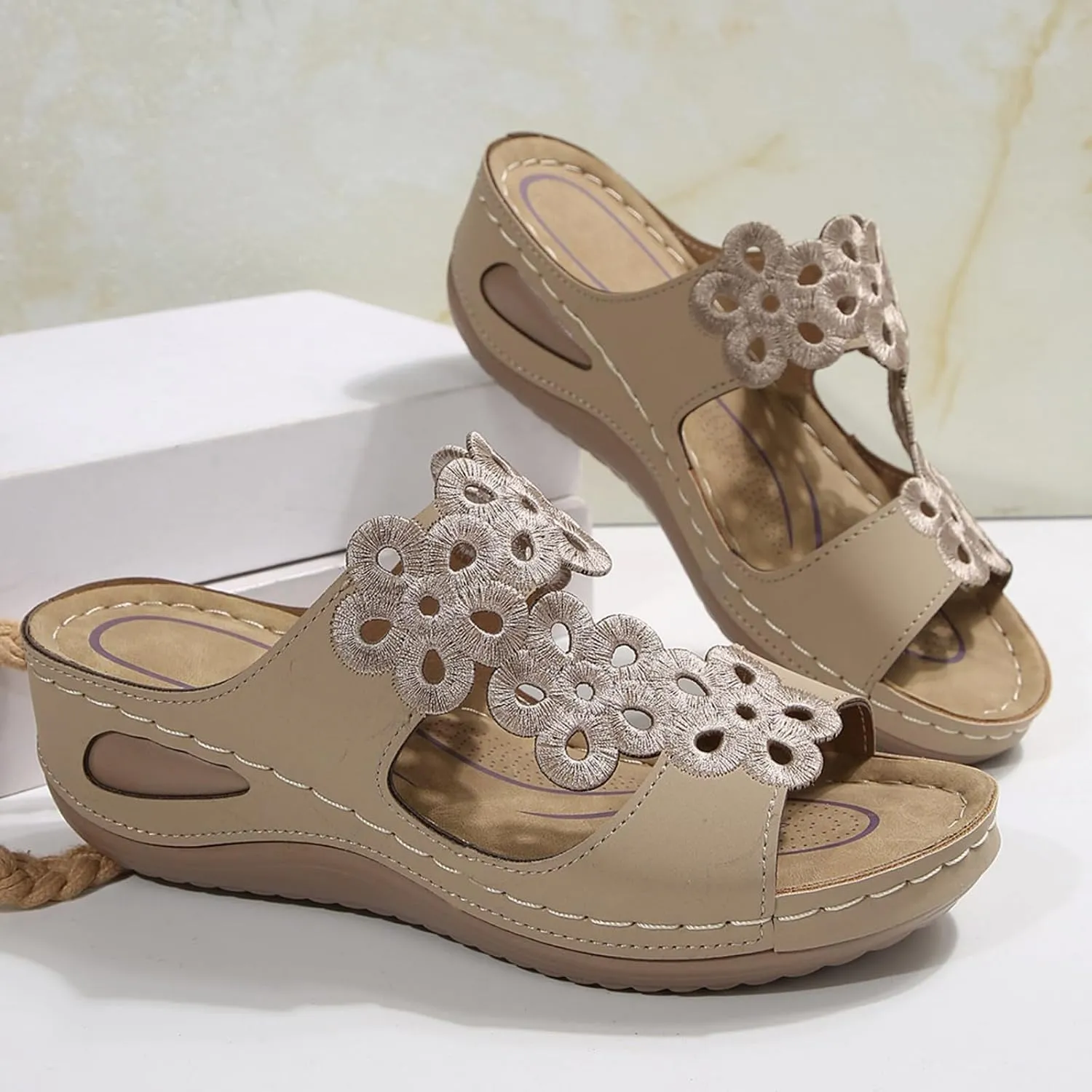 Orthopedic Sandals for Women Comfortable Low Wedge Slides Sandals Fish Mouth Hollow Out Flower Slippers Fashion Casual Slip On Summer Shoes Indoor Outdoor
