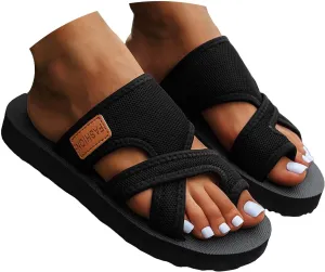Orthowalkway Flat Sandals for Women Wide Feet,Ring Toe Slip on Walking Sandals Breathable Mesh Orthopedic Slippers